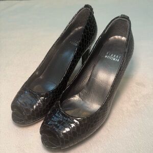 Stuart Weitzman Black Snakeskin Leather Peep Toe Pumps, Punk Gothic Grunge Vibe